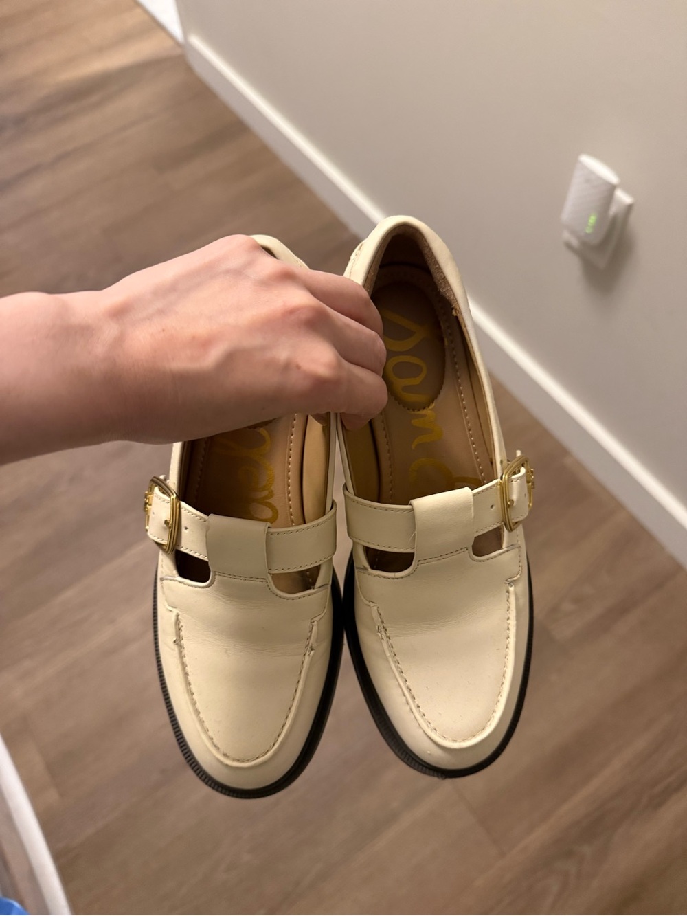Sam Edelman Cream Mary Jane Loafers with Gold Buckles